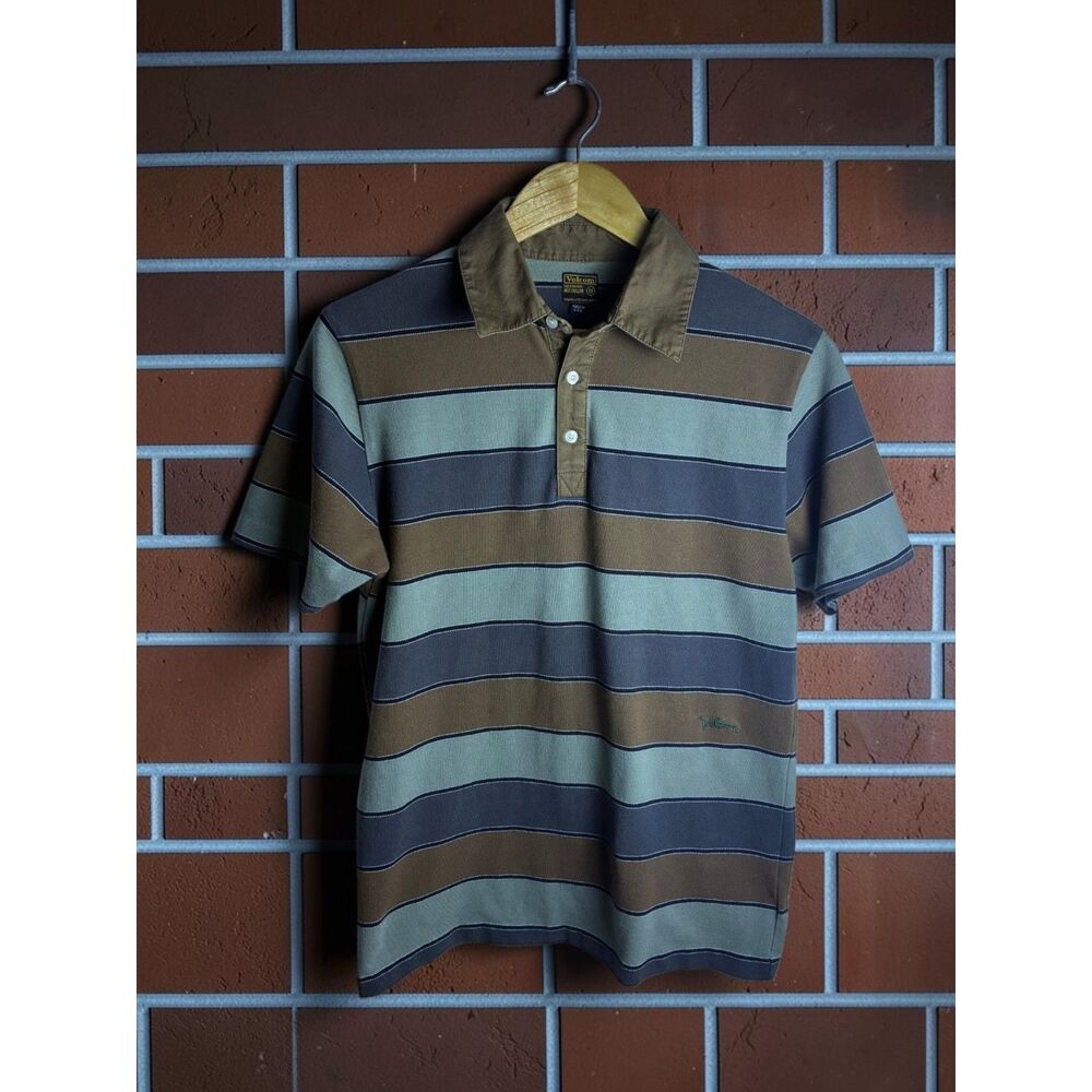 Volcom Striped Polo Shirt Men's Medium Brown Green Gray Y2K Skate